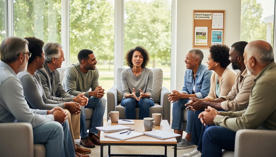 A small group of parents sitting together in a community room during a supportive meeting.