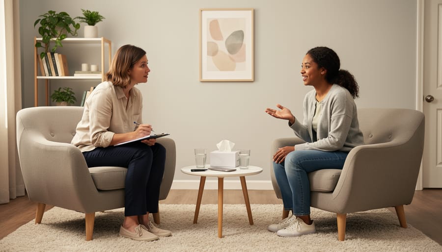 A therapist and a parent seated across from each other in a calm office during a supportive conversation.