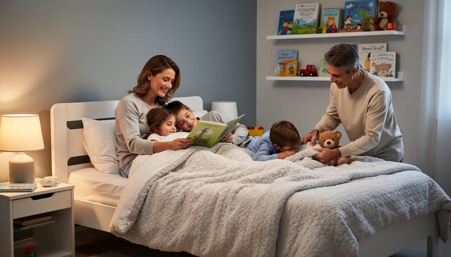 Couple supporting a toddler during a bedtime moment in a warmly lit bedroom