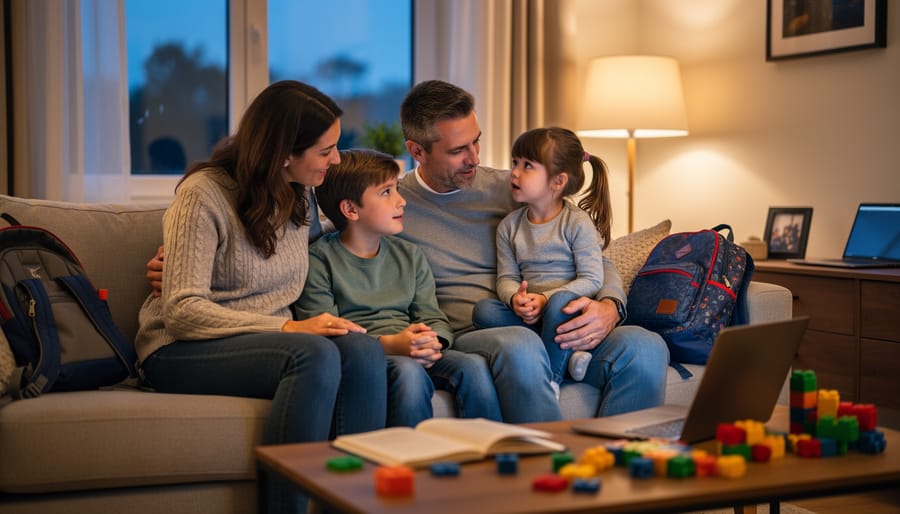 Family sitting at a kitchen table sharing a calm conversation during a daily check-in