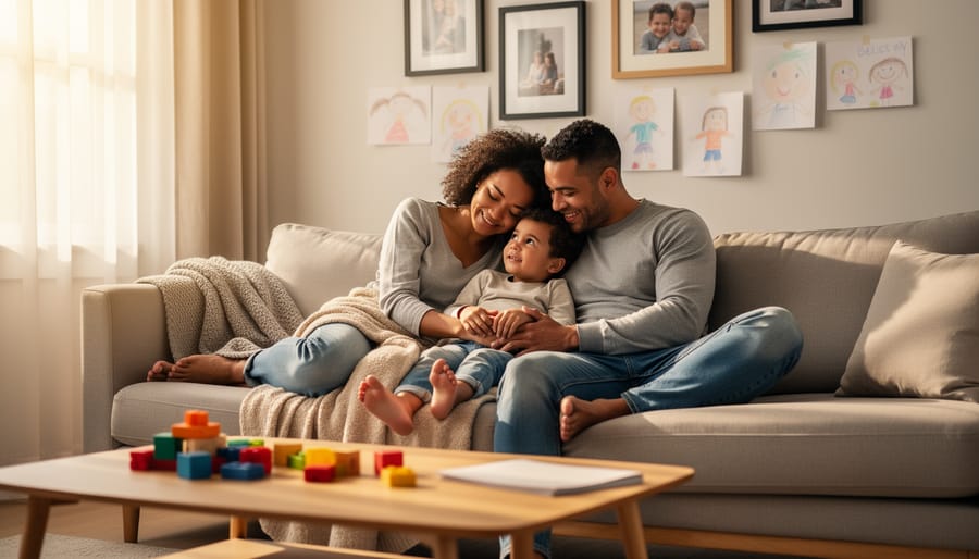 Parent sitting on the living-room floor with a child, both making eye contact in a calm, comforting moment