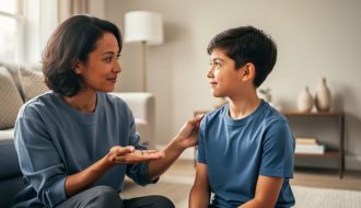 “A parent gently connects with their child in a softly lit living room, conveying calm support and emotional safety.”