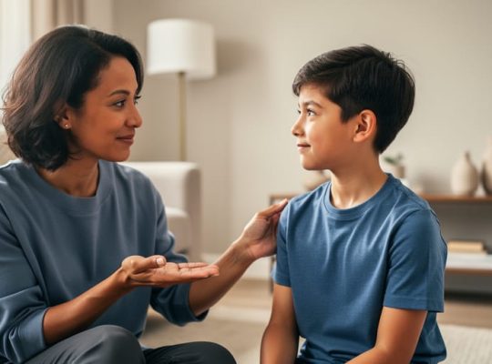 “A parent gently connects with their child in a softly lit living room, conveying calm support and emotional safety.”