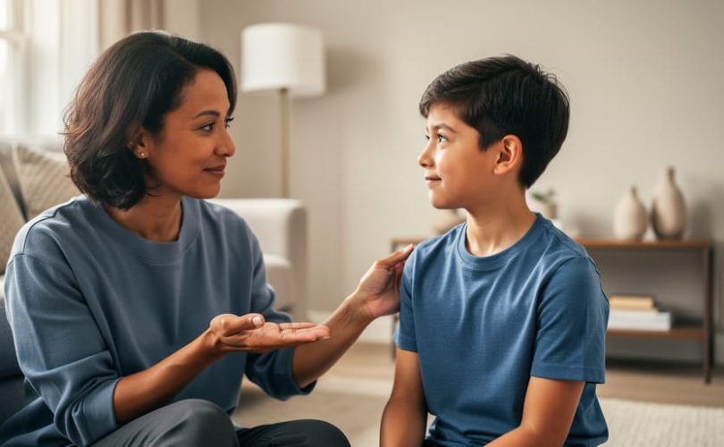 “A parent gently connects with their child in a softly lit living room, conveying calm support and emotional safety.”