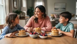 Family members sitting together at a kitchen table sharing pancakes and conversation in soft natural light.