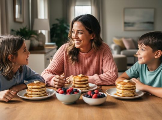 Family members sitting together at a kitchen table sharing pancakes and conversation in soft natural light.