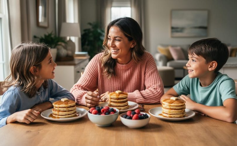 Family members sitting together at a kitchen table sharing pancakes and conversation in soft natural light.